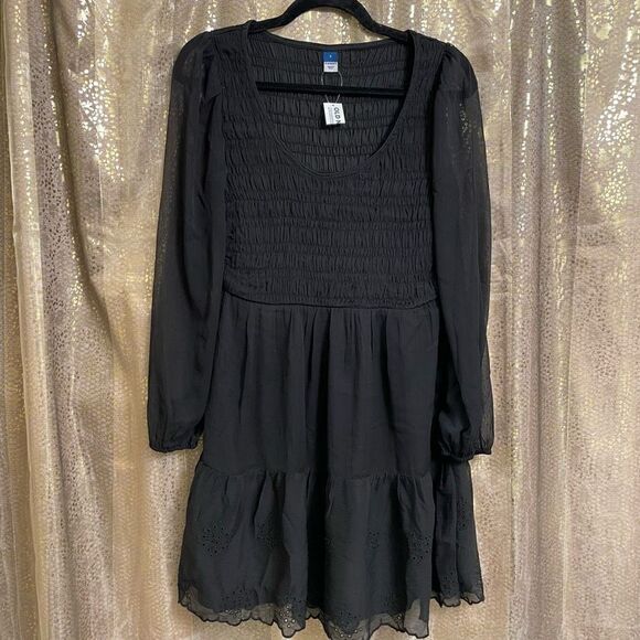 Old Navy Black Jack Fit & Flare Long-Sleeve Eyelet Mini Dress Small NWT - Picture 1 of 8